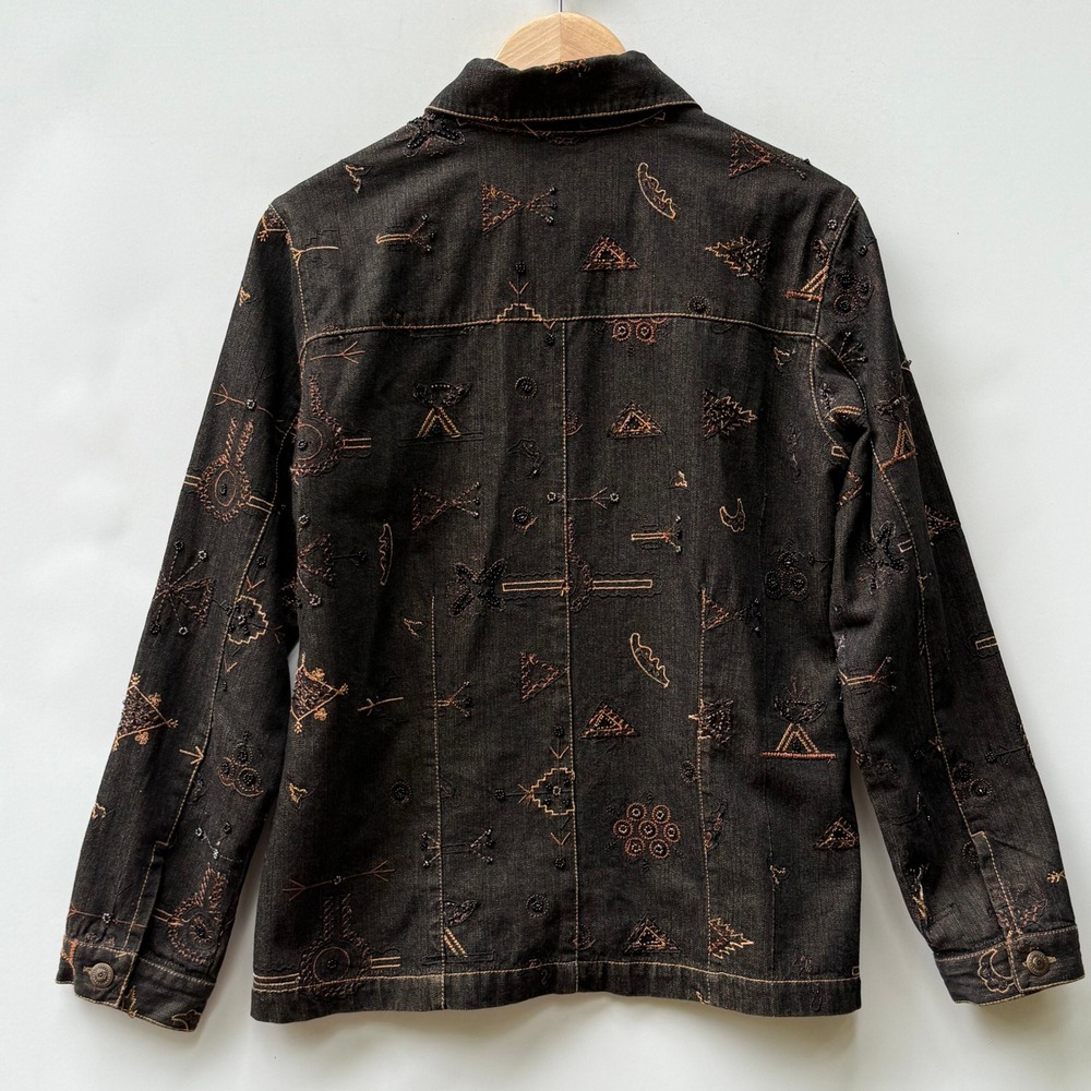Chico's Jacket Womens 1 Medium Brown Native Southwest Embellished Denim Shacket - Picture 5 of 9